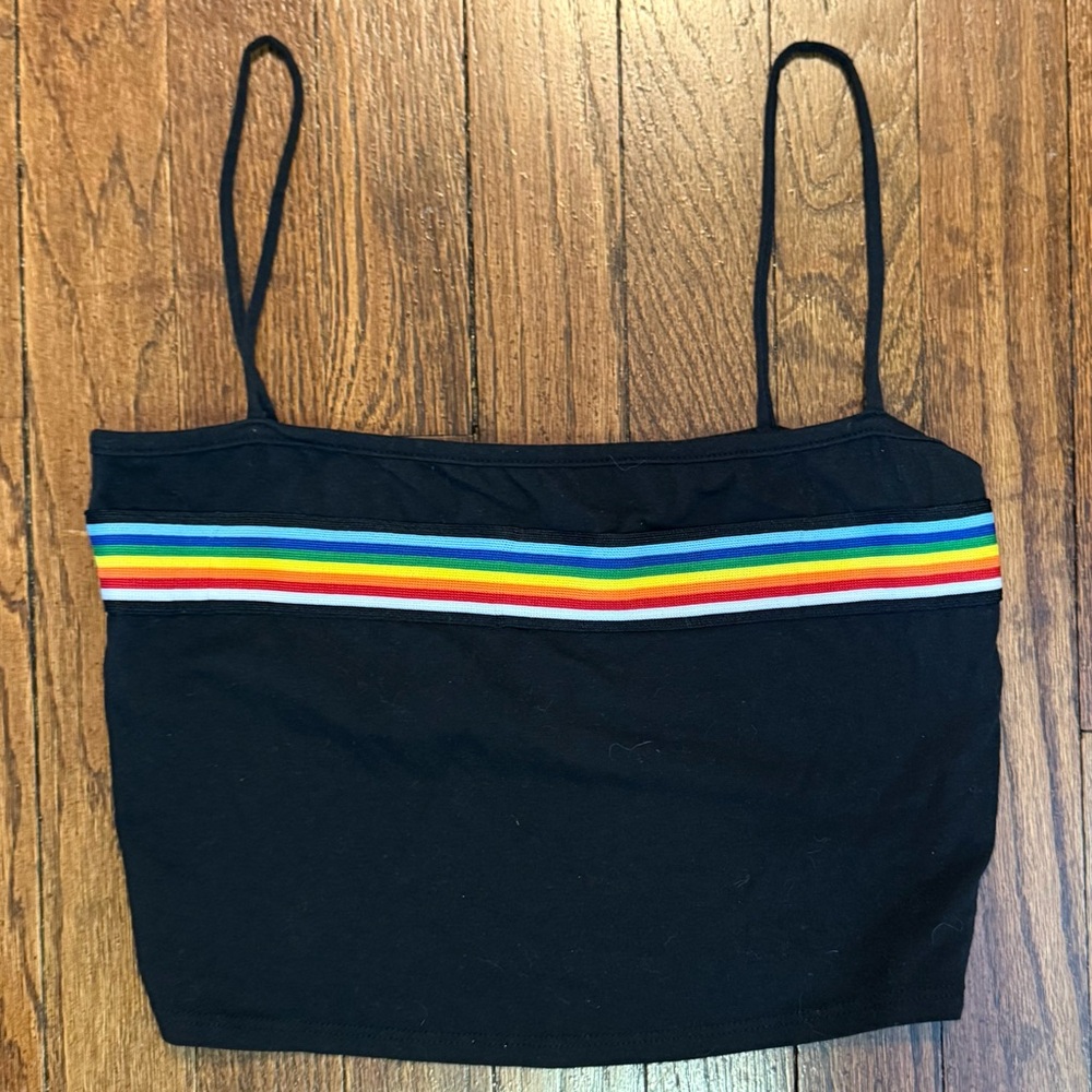 B Tres Bien Cropped Spaghetti Strap Rainbow 🌈 Stripe Tank Top, Black, Size Large